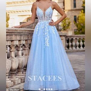 Stacees A-line Princess V Neck Tulle Prom Dress with Appliqued Beading Glitter